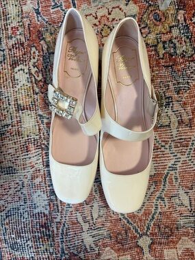 Roger Vivier Cream Patent Mary Jane Flats with Crystal Buckle